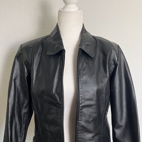 Vintage Leather Jacket with Shoulder pads Moto Classic Black Size Medium Petite - Picture 3 of 8